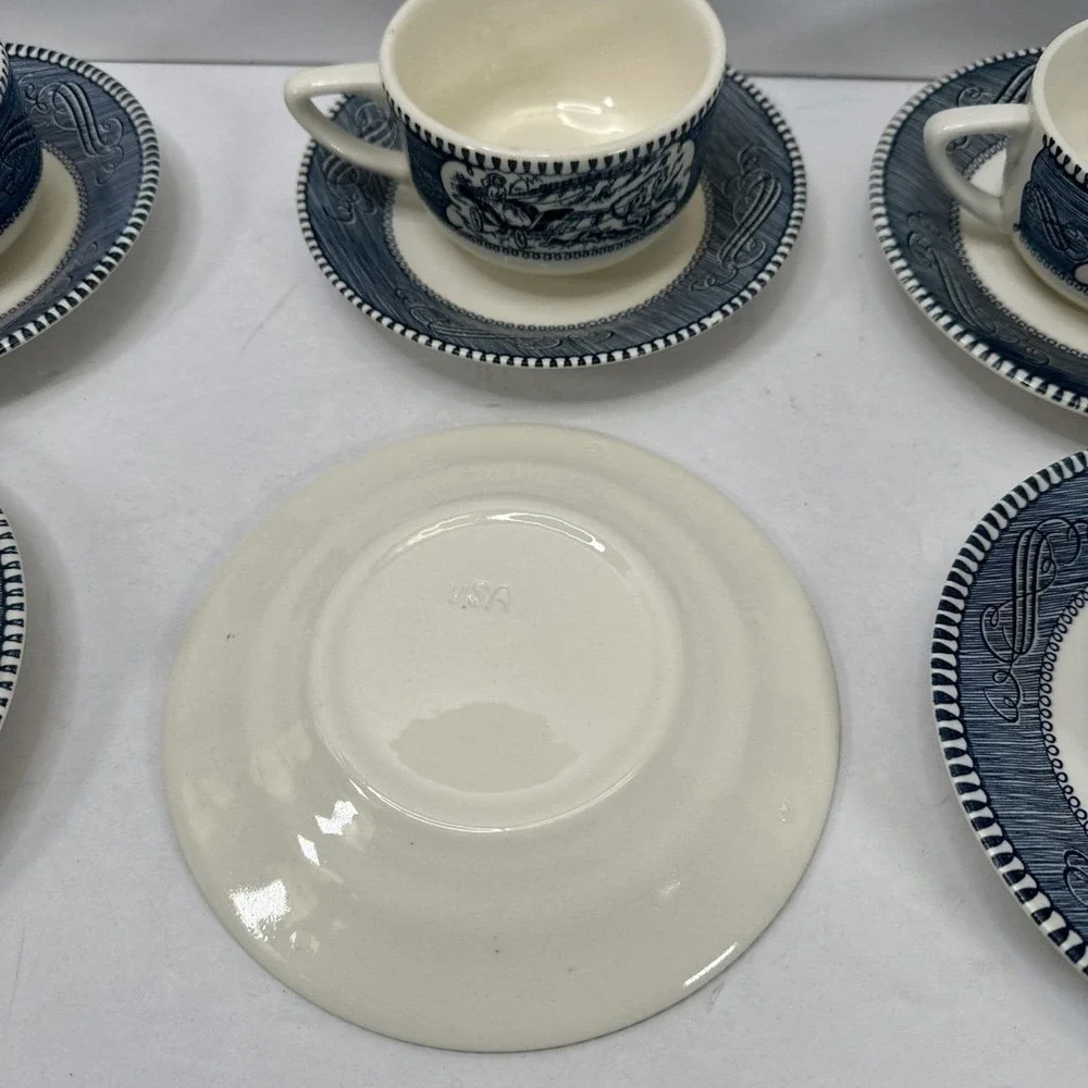Royal China Currier & Ives 6 Blue & White Tea or Coffee Cups & Saucers Set  Vtg